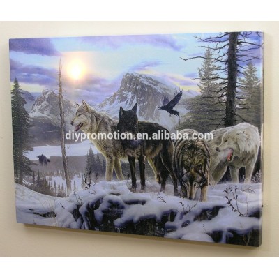 Wolves LED Lighted Sun Canvas Print Home Decor - Wolves Crossing a Frozen Snowy Winter Forest with Majestic Mountain Landscape